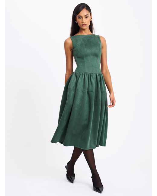 Miss Circle New York Green Laila Suede Boat Neck Backless Midi Dress
