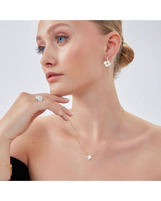 Spero London Metallic Enamel Four Leaf Clover Necklace & Bracelet Set With Gemstone