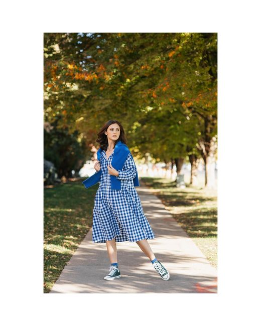 Zenzee Blue Cotton Linen Gingham Shirt Dress Cobalt