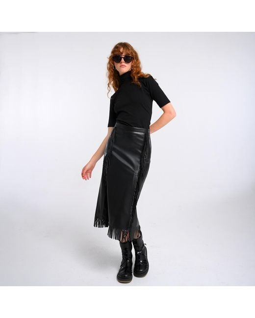 Lalipop Design Black Vegan Leather Midi Fringe Skirt