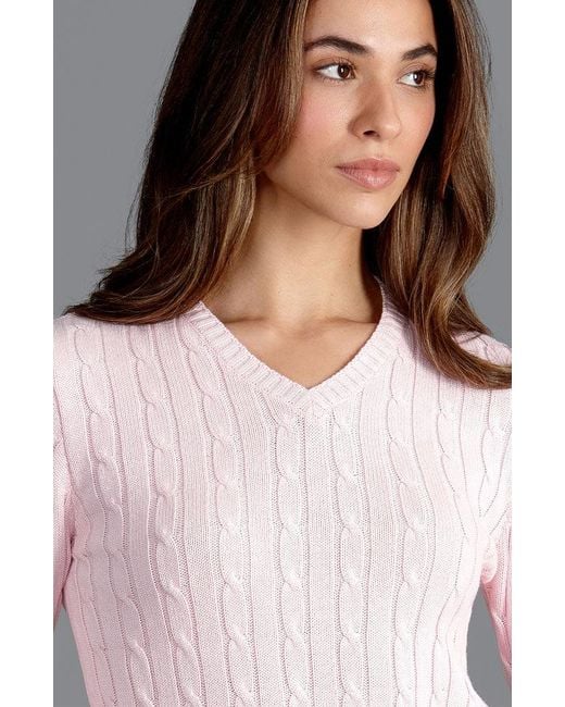 Paul James Knitwear Pink Cotton Talulah Cable V Neck Jumper