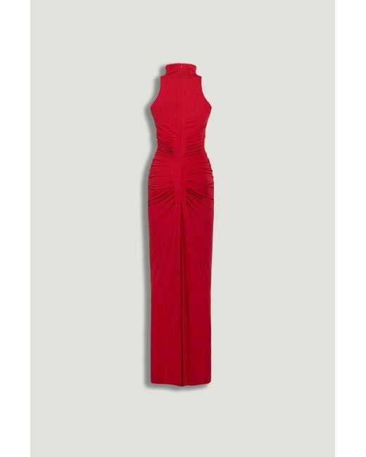 Nocturne Red Ruched High-Neck Maxi Dress