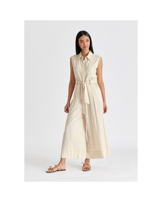Paisie Natural Neutrals Linen Blend Jumpsuit With Stitch Details