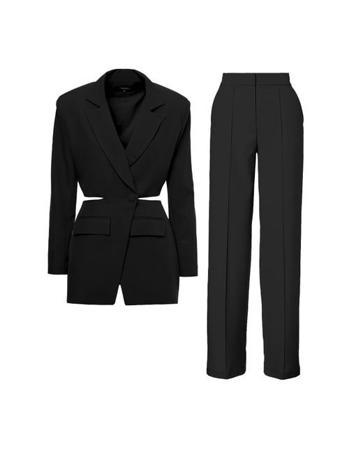 BLUZAT Black Suit With Blazer With Waistline Cut-out And Stripe Detail Trousers
