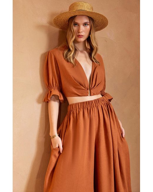 Lilamie Orange Marrakesh Puff Sleeve Summer Crop Top