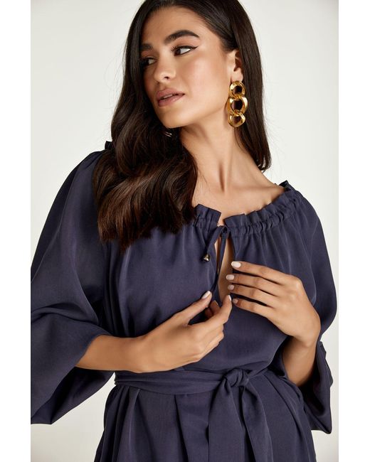 Conquista Blue Belted Tencel Dress With Pockets