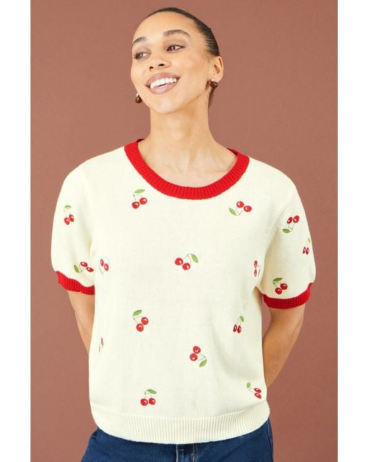 Yumi' Natural Ivory Cherry Cotton Knitted Top