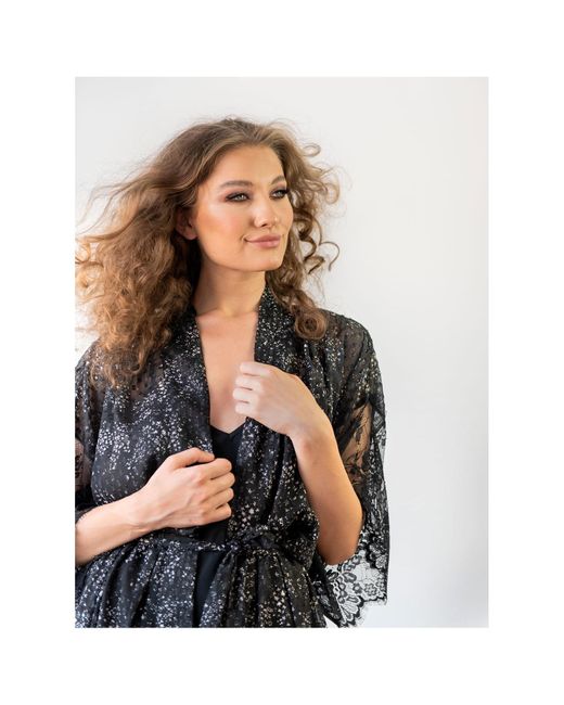 concept A trois Black Printed Veil Kimono With Chantilly Lace Details