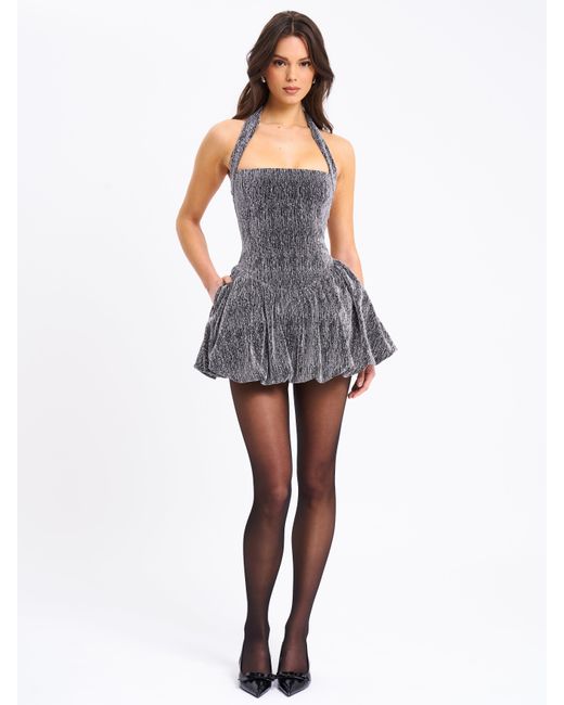 Miss Circle New York Gray Naomie Crystal Embellished Bubble Hem Halter Mini Dress