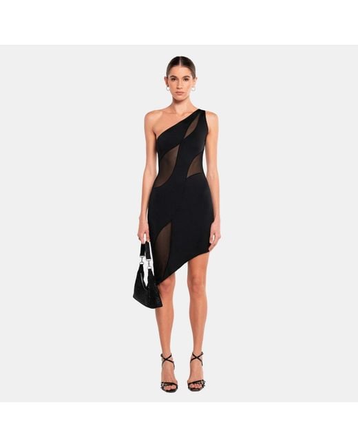 OW Collection Black Curve Asymmetric Mesh Mini Dress
