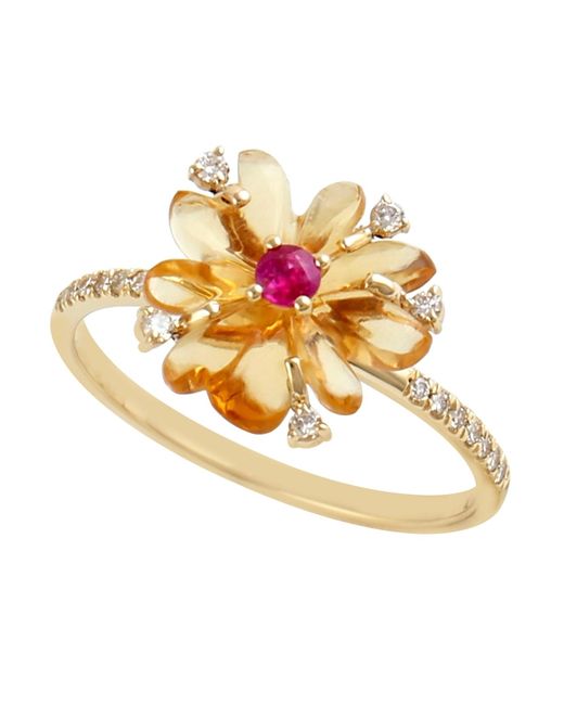 Artisan Metallic Forget Me Not Flower Ring Carved Mix Stone & Ruby With Pave Diamond Accent In 18k