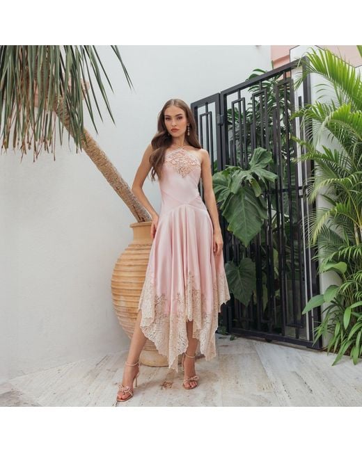Mac Duggal Pink Lace Trim Handkerchief Midi Dress