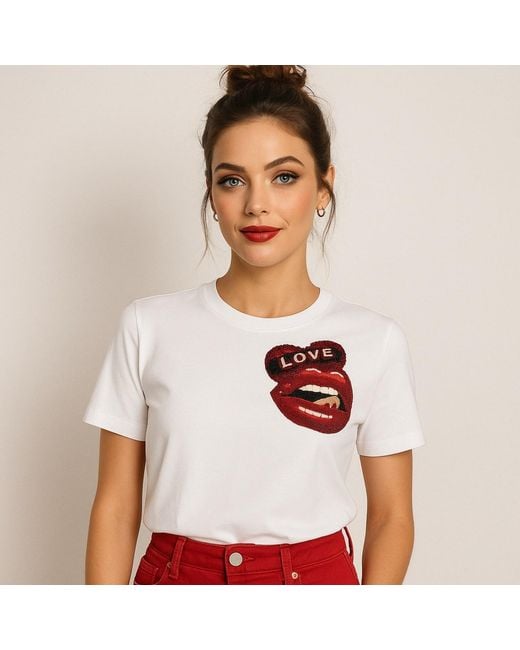 House of Laines London White Laines Couture Embellished Love Lips T-Shirt