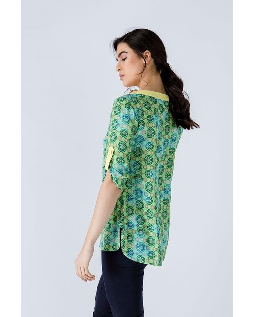 Conquista Green Print Poplin Top With Trim