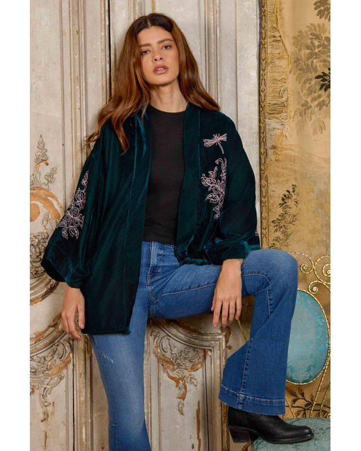 Artemis Muse Blue Wild Flowers & Butterflies & Velvet Embroidered Short Kimono