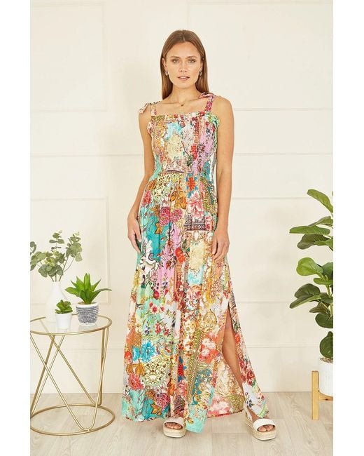 Yumi' White Multicolour Patchwork Split Hem Maxi Dress With Tie Straps