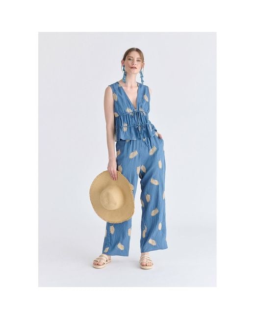 Paisie Blue Leaf Embroidered Tie Front Waistcoat