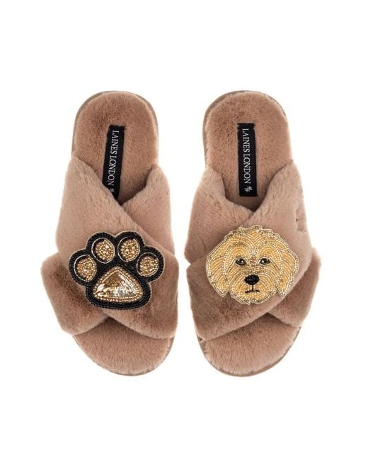 Laines London Brown Neutrals Classic Laines Slippers With Paw & Golden Cockapoo Brooches
