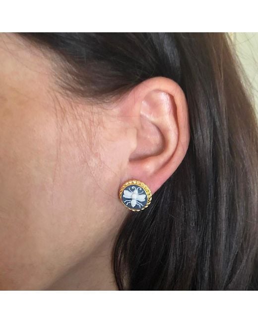 Vintouch Italy Blue Bee Cameo Stud Earrings