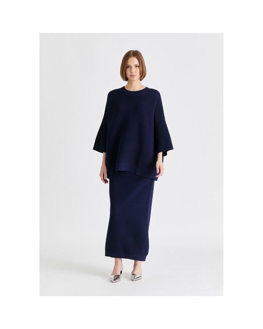 Paisie Blue Mock Neck Cropped Sleeve Ribbed Jumper