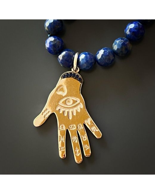 Ebru Jewelry Metallic Lapis Lazuli & Hematite Stone Sterling Hamsa Pendant Beaded Necklace