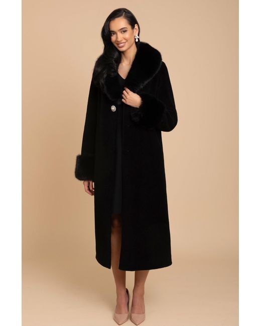 Santinni Black Sunset Boulevard Long Wool Coat With Faux Fur Collar