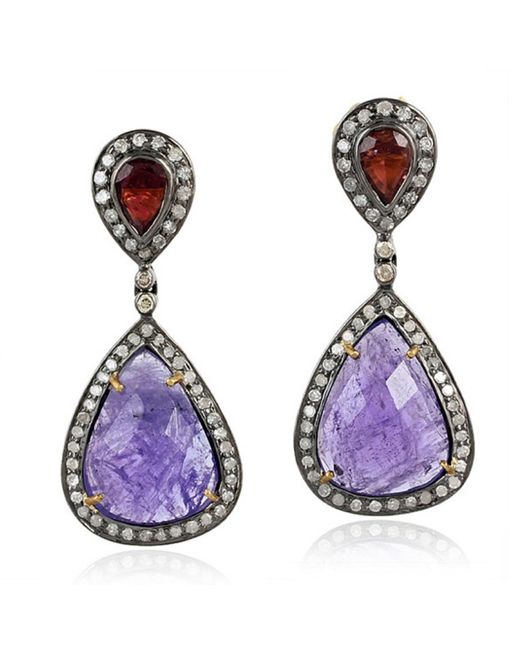 Artisan Purple Gold Silver Tanzanite Tourmaline Dangle Earrings Diamond Gemstone
