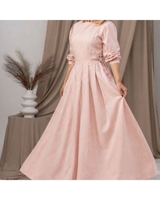 Nikka Place Pink Summer Linen Pleated Dress With Pockets