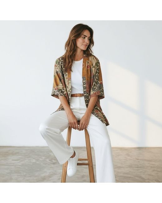 ORIGIN OF HEARTS Brown Marei Floral Print Satin Kimono Shirt