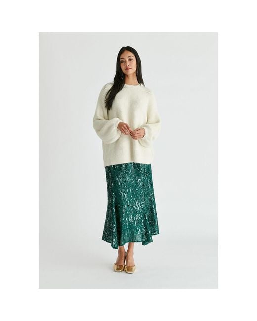 Paisie White Balloon Sleeves Jumper With Cable Details