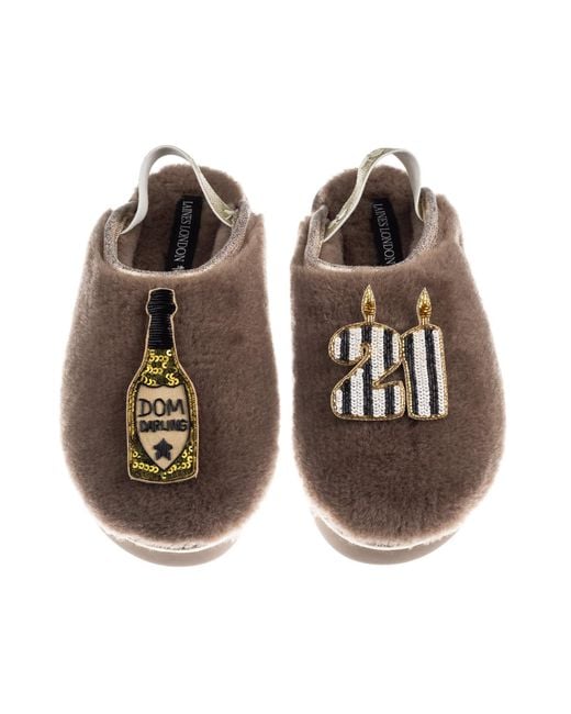 Laines London Brown Neutrals Flatform Cloud Closed Toe Slippers With Stripe 21St Birthday & Dom Darling Brooches