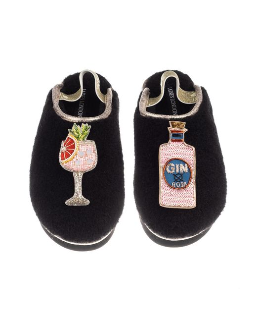 Laines London Black Flatform Cloud Closed Toe Slippers With Rosa & Grapefruit Gin Brooches