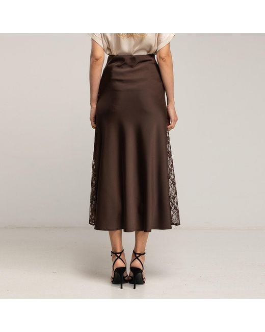 Tantra Spain Sl Brown A-Line Satin Midi Skirt With Side Slits And Lace, Elastic Waistband