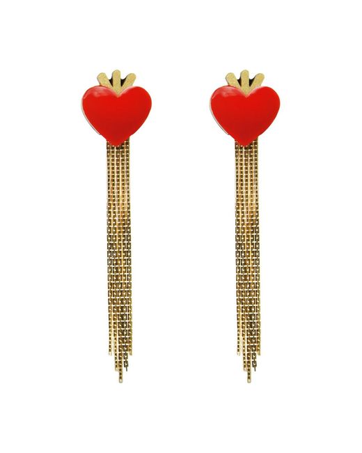 Gissa Bicalho Red Handmade Acrylic Earrings Heart & Fringe