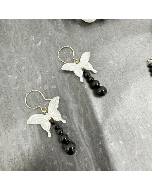 Farra White Butterfly Shell With Obsidian Statement Earrings