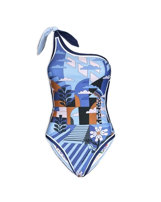 Jessie Zhao New York Blue Imagination Reversible One-Shoulder Swimsuit