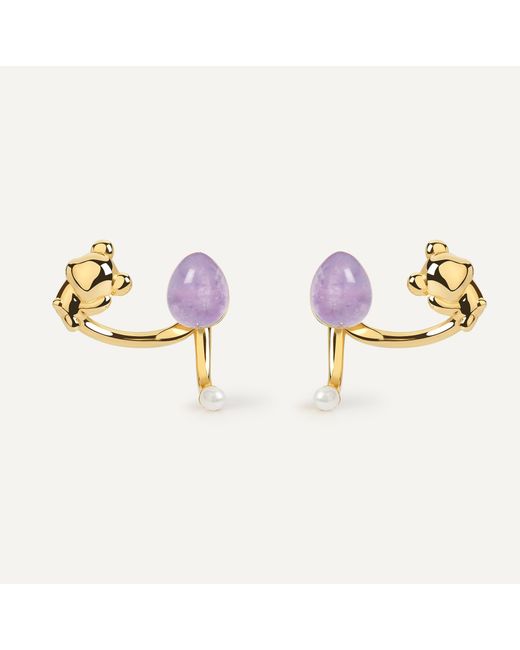 Freqnc Atelier Metallic Cuddly Bear Ear Jacket Earrings With Rose Quartz