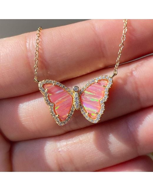 KAMARIA Pink Opal Butterfly Necklace With Stripes