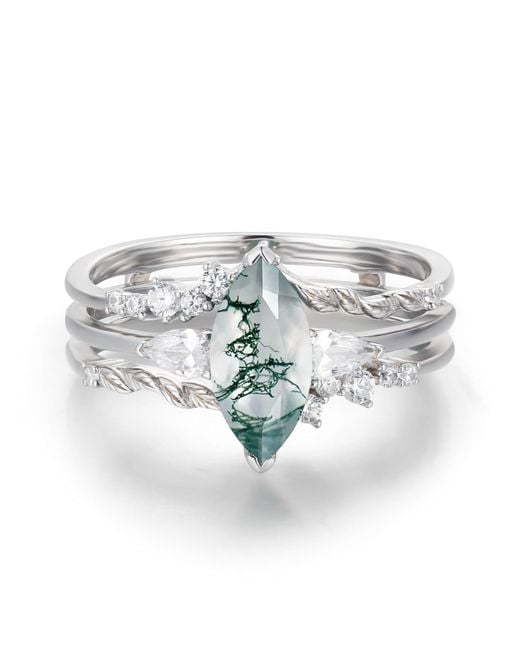 Azura Jewelry New York White Sonoran Sunrise Moss Agate Vermeil Ring Set