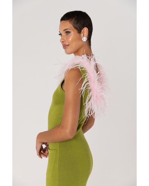 Andreeva Green Chrysanthemum Knit Dress With Real Ostrich Feathers Details