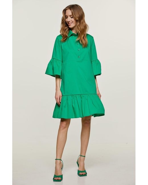 Conquista Green Bell Sleeve Dress With Ruffle Hem