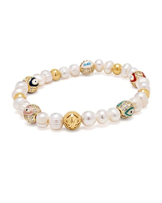 Nialaya Metallic Evil Eye Pearl Bracelet for men