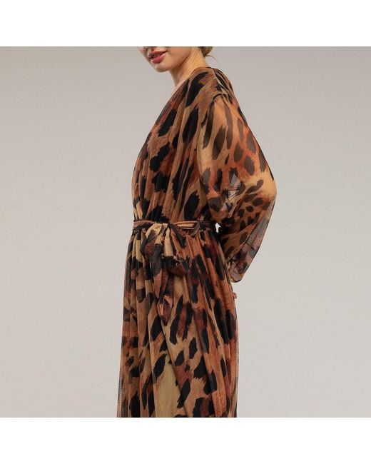 Tantra Spain Sl Brown Animal Print Tulle Midi Dress With V-Neck