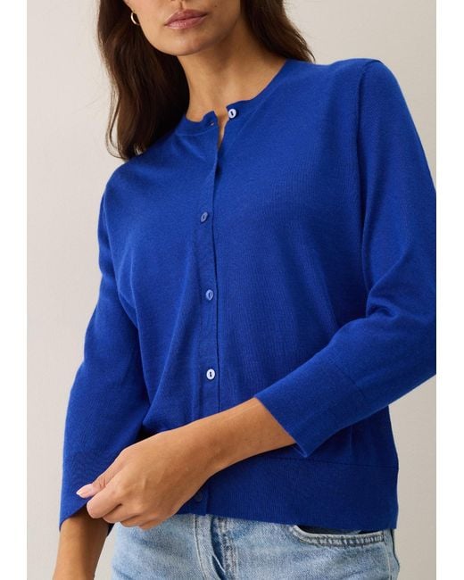 Loop Cashmere Blue Three Quarter Sleeve Crew Neck Cardigan