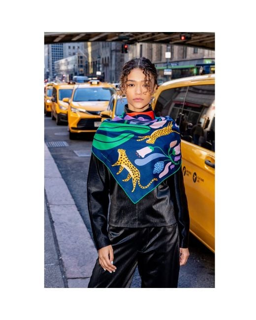 Jessie Zhao New York Green Double Sided Wool Silk Scarf Of Jungle Night