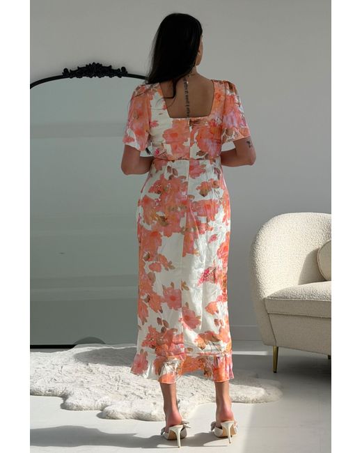 Girl In Mind Orange Heidi Floral Print Ruched Midi Dress