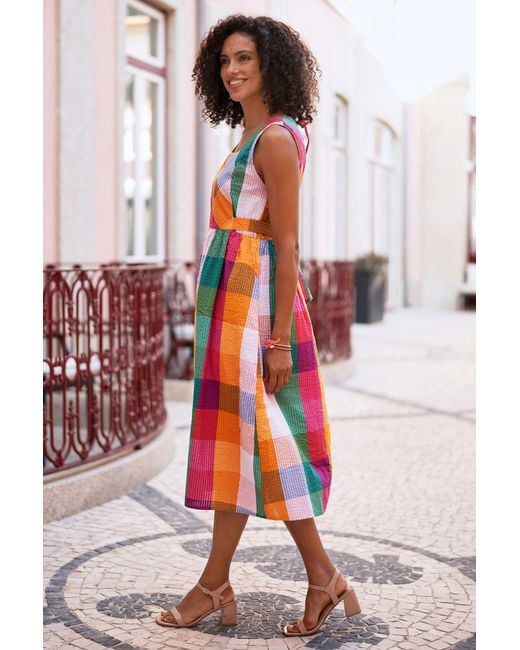 Yumi' Orange Multicolour Seersucker Cotton Midi Sun Dress