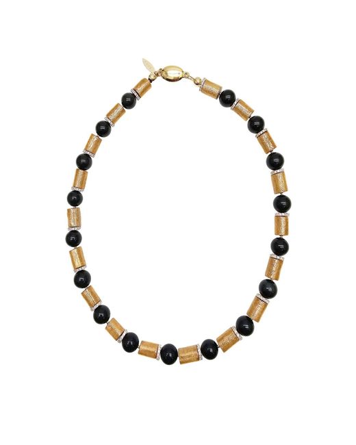 Farra Black Golden Coral With Obsidian Classic Necklace