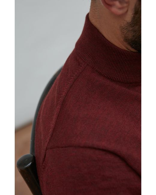 Paul James Knitwear Red Extra Fine Merino Wool Mock Turtleneck Shaw Jumper for men