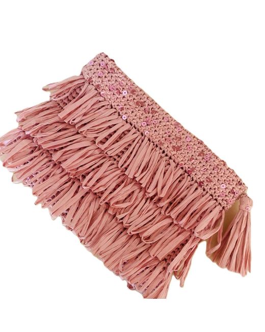 Springmoonatelier Pink Luxury Star Powder Sequin And Tassel Handmade Raffia Clutch Bag